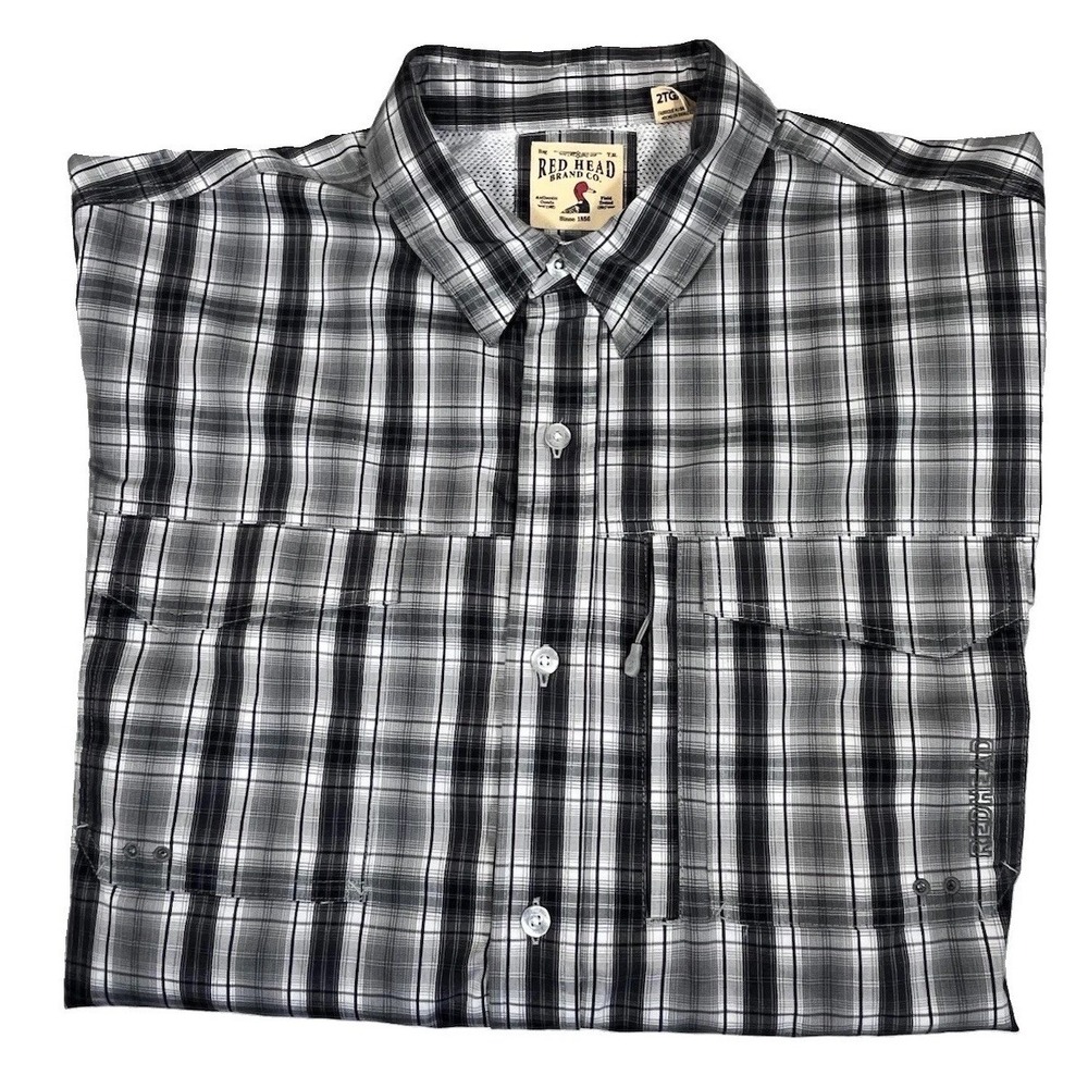 Red Head Men's 2XL Black Gray Plaid Outdoor Shirt Long Sleeve Zip Pockets Vented